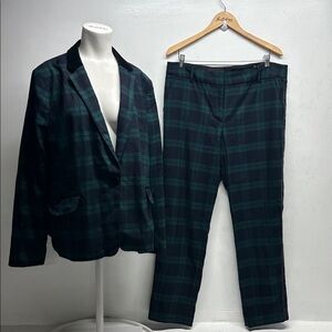 Talbots Suit Set Blazer Jacket Pants 2 Piece Blackwatch Tartan Plaid Plus 14 16